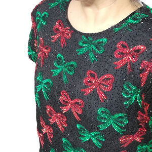 Vintage Laurence Kazar Silk Beaded Sequence Bow Tie Blouse - 3X